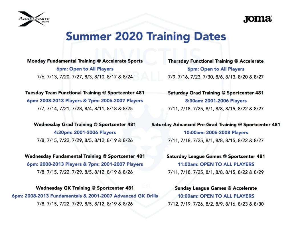 Training Calendar IFC Individual Player Development